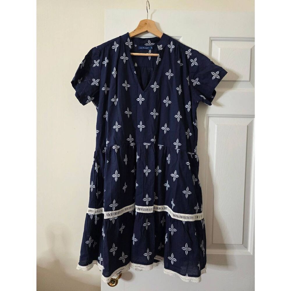 La Plage Alison Dress - Eyelet Schiffli - Navy And White Size L $195